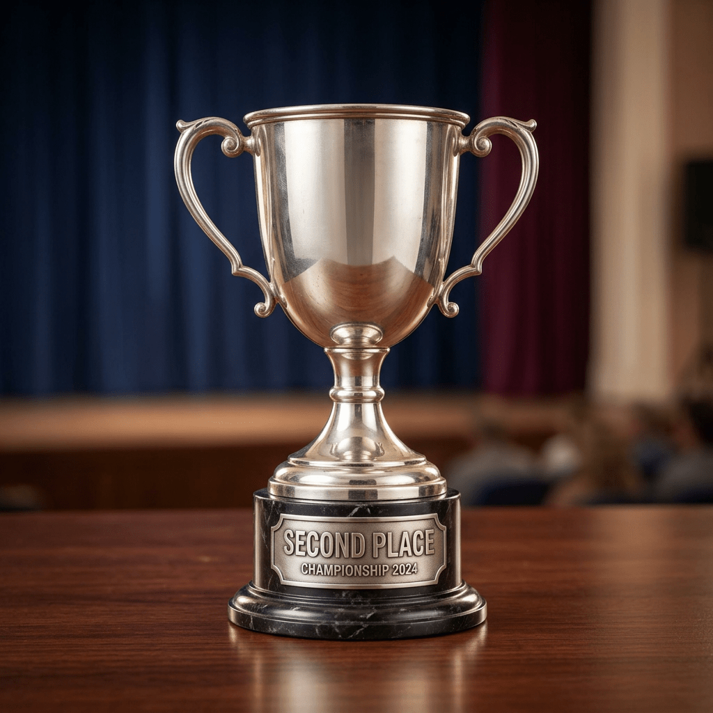 Silver trophy labeled "SECOND PLACE CHAMPIONSHIP 2024" on a wooden table